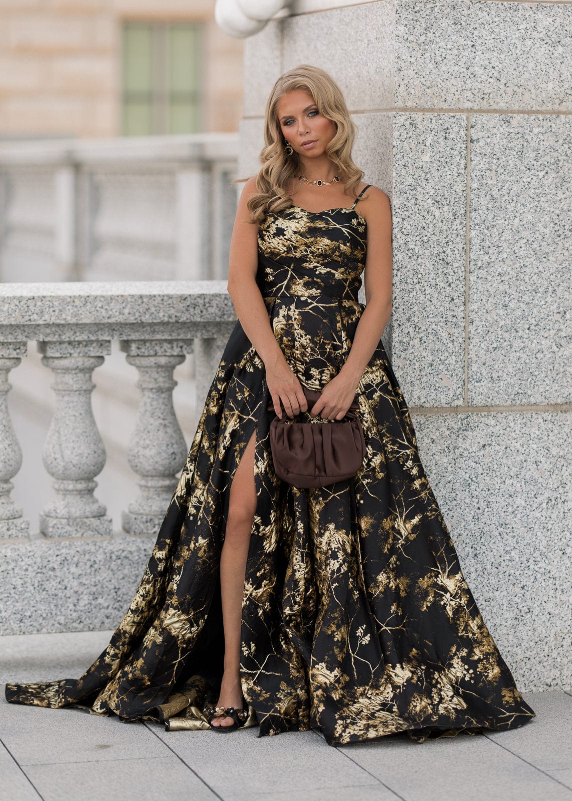 Arabella Sleeveless Gold Foil High Slit Formal Dress - Black - Image 3