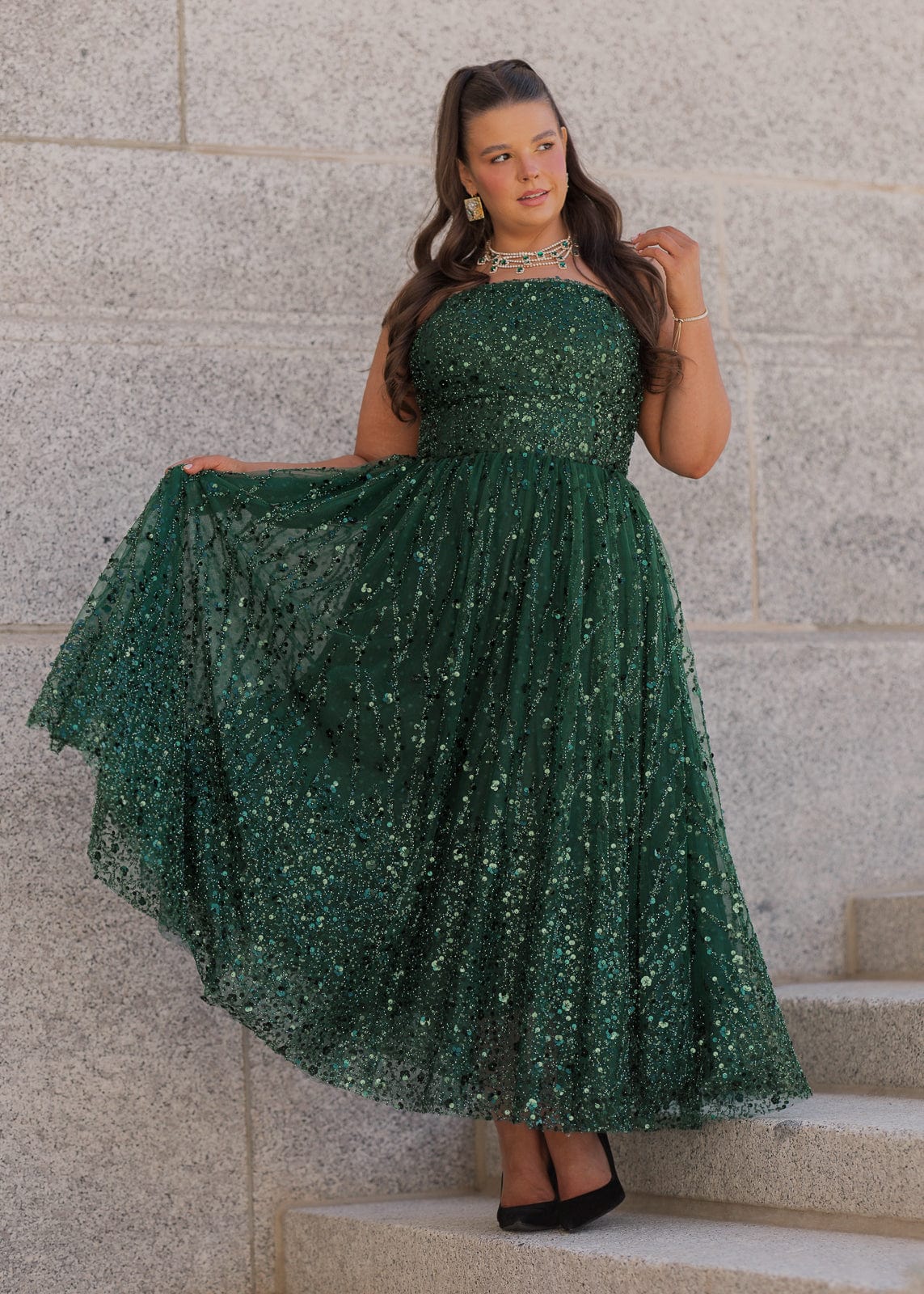 Elphie Strapless Sequin Corset Midi Dress - Green - Image 8