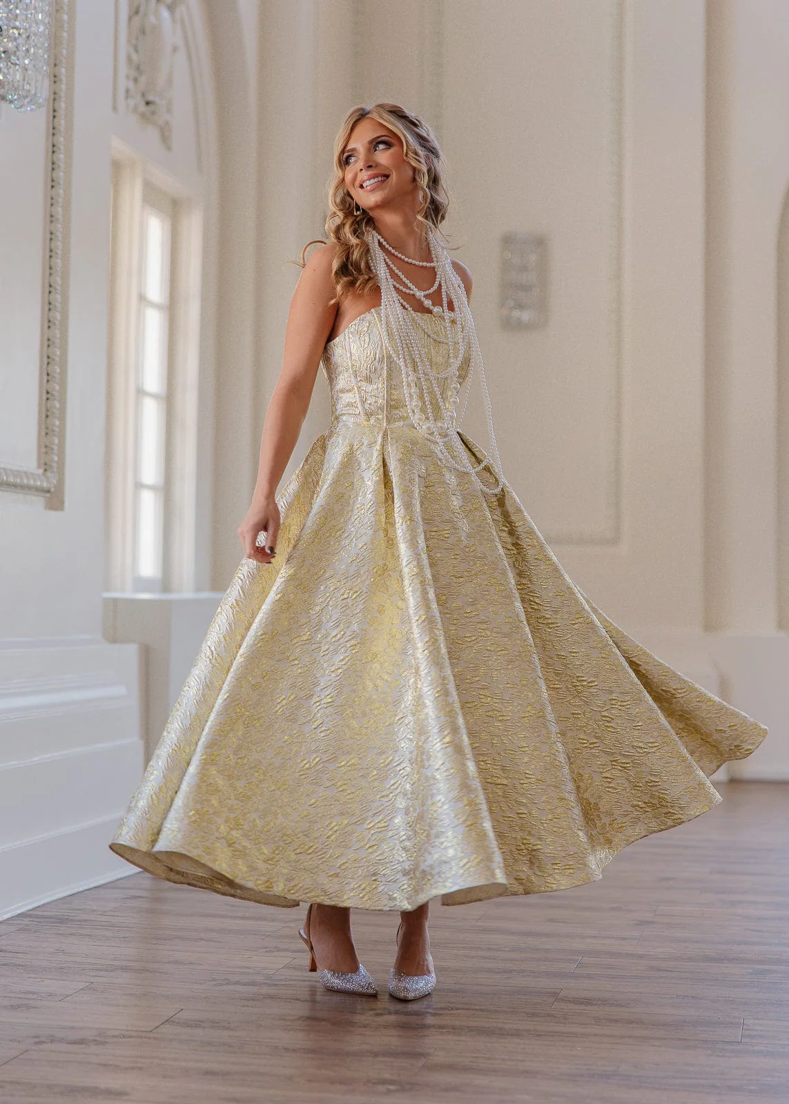 Gloria Strapless Corset Jacquard Midi Dress - Gold - Image 3