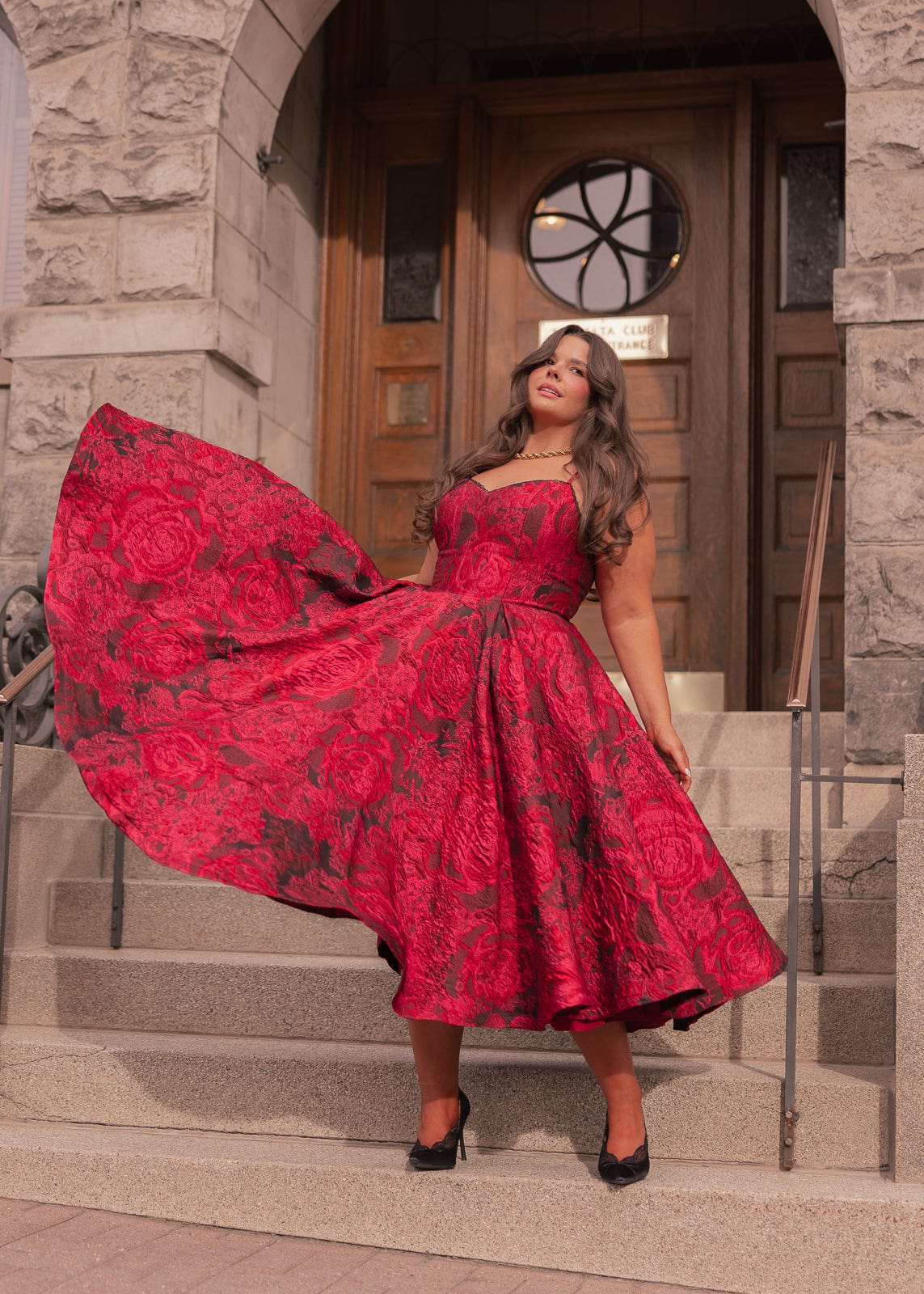 Kelly A-line Jacquard Midi Dress - Red - Image 3