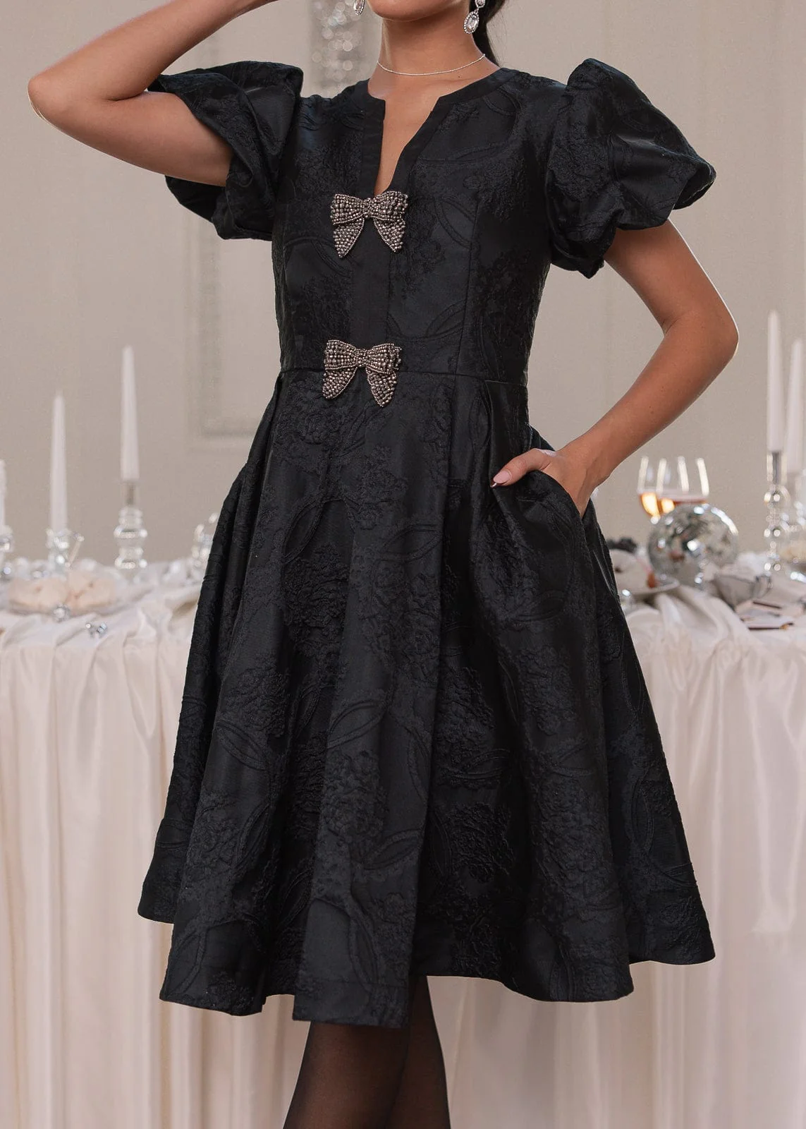 Lennon Jacquard Knee Length Dress - Black - Image 8