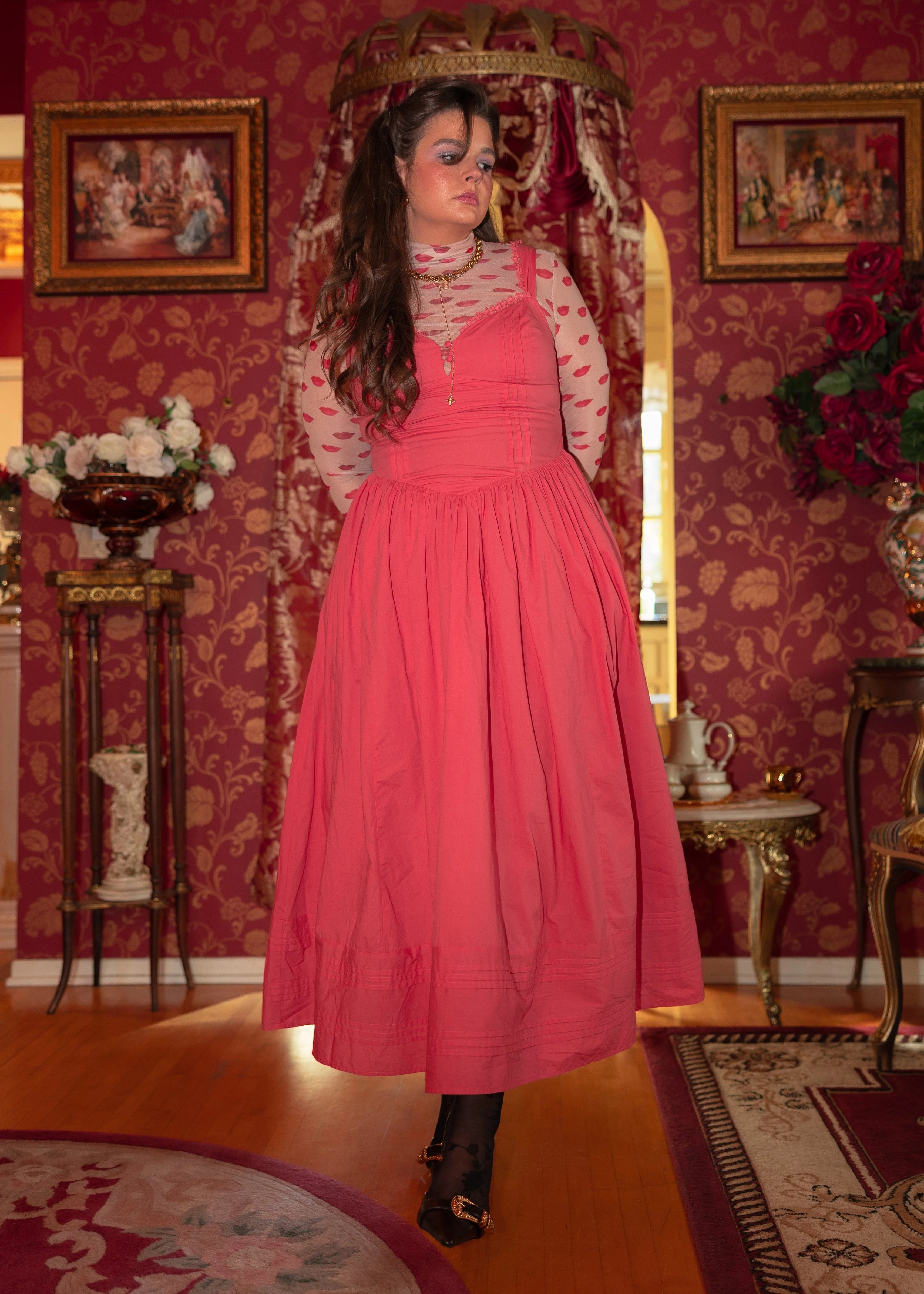 Lottie Basque Waist Midi Dress - Coral - Image 8