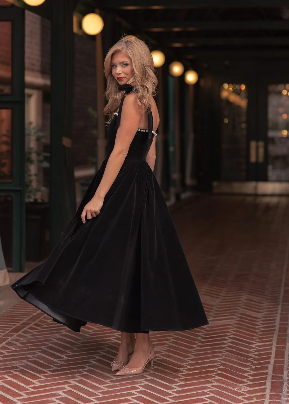 Mary Velvet Pearl Trim Bow Detail Midi Dress - Black - Image 5