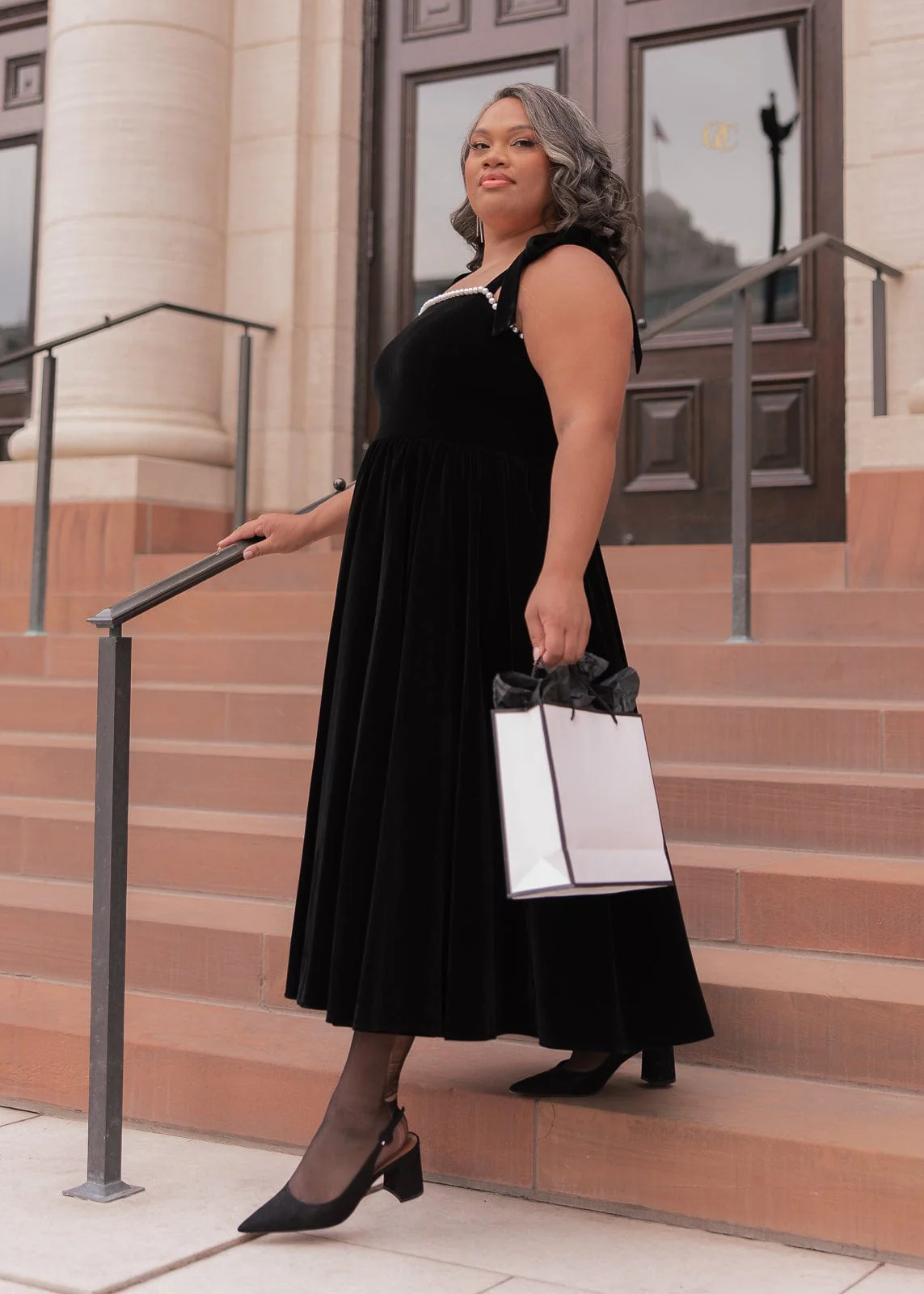Mary Velvet Pearl Trim Bow Detail Midi Dress - Black - Image 8