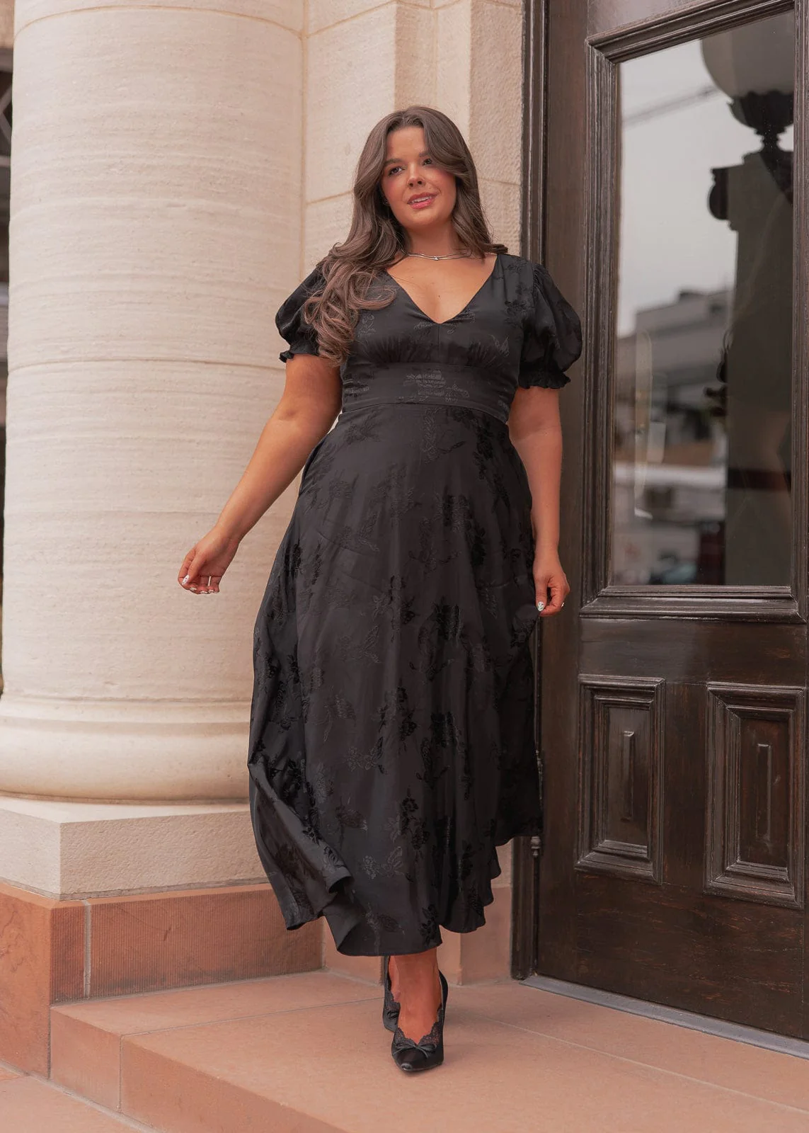 Mila Puff Sleeve Jacquard Floral Satin V-Neck Midi Dress - Black - Image 3