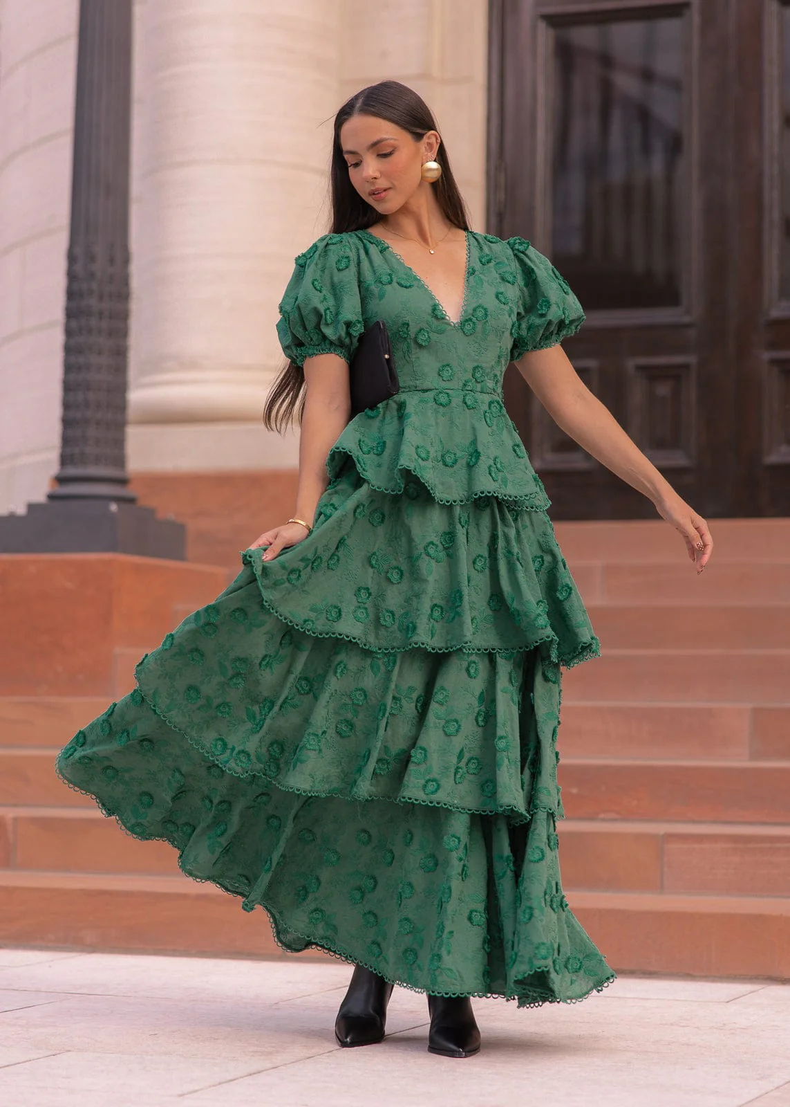 Sloane Puff Sleeve Tiered Cotton Floral V-Neck Maxi Dress - Green - Image 8